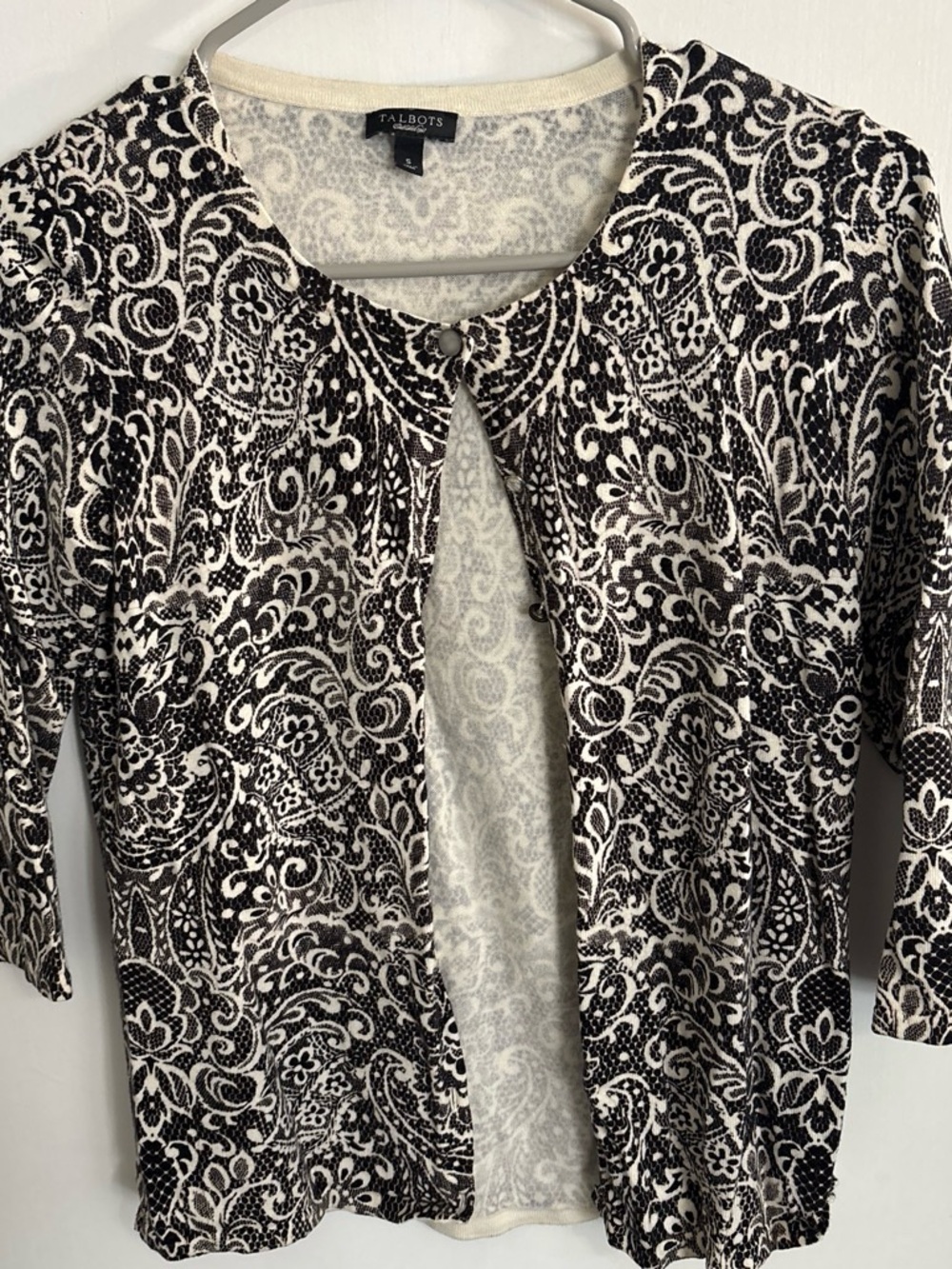 Talbots Black & White Paisley Knit Cardigan